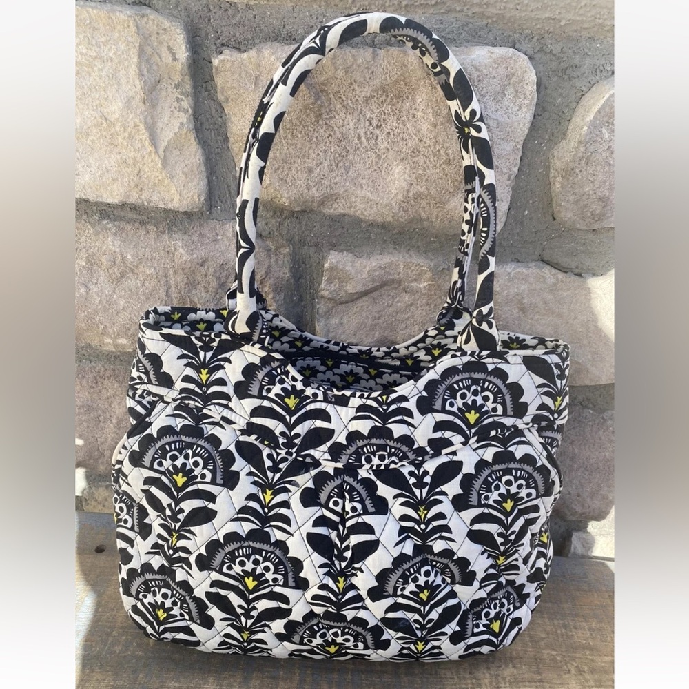 Vera Bradley Pleated Shoulder Bag Fanfare Signature Black White Yellow